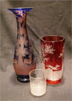 3 etched glass vases