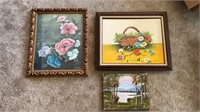 3 Hand Painted Pictures on Canvas, 2 Framed, by