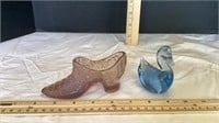 Pink Shoe and blue glass swan