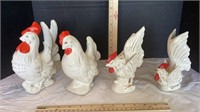 4 Ceramic Roosters (one has broken wing)