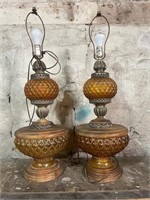 (2) ANTIQUE GLASS BASE AMBER COLORED LAMPS