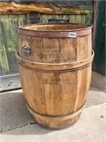 (1) ANTIQUE 30 GAL. WOOD BARREL (GRAPHICS ARE WORE