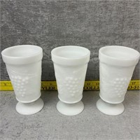 3 Vtg Milk Glass Grape Pattern Footed Tumblers