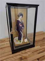 Vintage Porcelain Geisha Doll in Glass Case