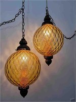 Pair of Mid Century Amber Glass Globe Swag Lamps