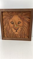 Leather hand tooled Lion clock in wood frame,