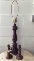 Wood base lamp and pair wood candle stick