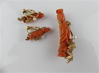 14K GOLD CORAL?  FIGURAL BROOCH AND EARRINGS