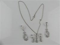 STERLING & CLEAR STONE NECKLACE SET, EARRINGS