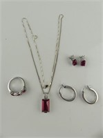 STERLING & RED STONE NECKLACE, RING, EARRINGS
