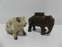 CAST PIG AND ELEPHANT COIN BANKS