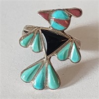 Native American Silver, Onyx & Turquoise Bird Ring