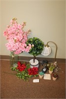 Assorted Decor- Fake Plants, Hour Glass, Lamp