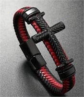 Mens Handwoven Red Leather with Cross Bracelet