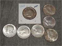 7 1964 90% SILVER Kennedy Half Dollars
