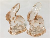 2 Vintage Clear Pink Glass Rabbits Bunnies