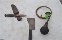 Bicycle Horn, Cleaver, Knife with Leather Sheath