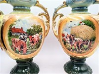 Country Farm Scene Antique Vases