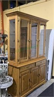 Two piece oak wood buffet with display cabinet -