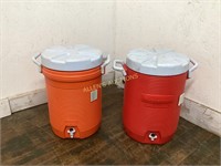 2  5 GALLON RUBBERMAID WATER COOLERS