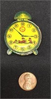 Antique tin elf themed clock bank.   1872