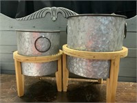 2 GALVANIZED PLANTERS WITH WOODEN STANDS