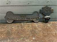 CAST IRON  GATE SIGN AND MOTORCYCLE BOTTLE OPENER