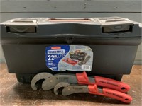 RUBBERMAID BOX WITH 2 HUSKY PIPE WRENCHES