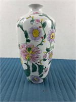 TALL ASIAN STYLE VASE W/ PAINTED FLOWERS VINTAGE