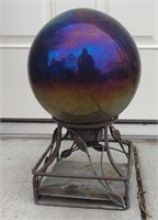 Glass Ball Yard Art with Iron Stand  14" tall