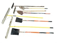 8 Long handle tools to include 2 flat shovels