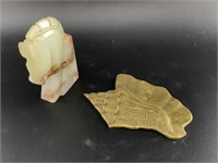 Lot of 2: onyx horse bookend, and a brass sea shel