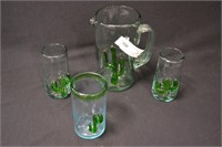 Art Glass Cactus Pitcher & 3 glasses