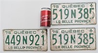 3 plaques d'immatriculation, Québec, 1975, dont