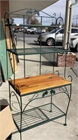 Bakers rack, green metal, wood shelf, 65” ht x
