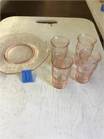 PINK DEPRESSION GLASSES AND PLATE