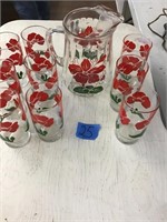 FLOWER PITCHER, 9 NON MATCHING FLOWER GLASSES