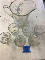 FLOWERED PITCHER, 6 GLASSES
