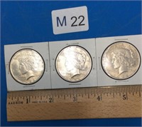 Three 1922 Liberty Head Peace Silver Dollars