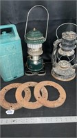 Vintage grain grinder plates, lantern, and