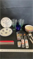 Moose plate, snowflake bowl, various shot glasses,
