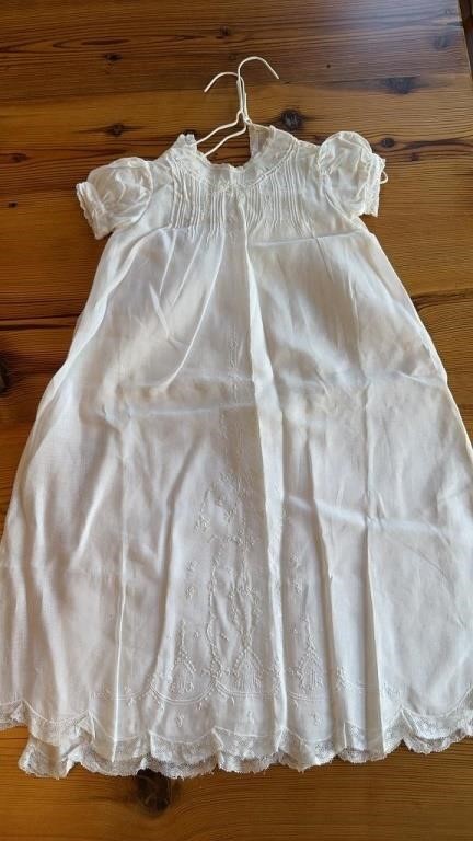 Antique white linen baby christening dress, with