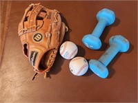 Ball glove, balls, hand weights