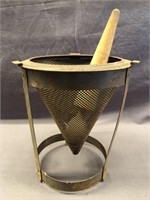 VINTAGE CONE STRAINER WITH WOOD PESTLE.  9 INCHES