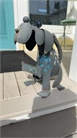 Metal dog sculpture, welcome sign with blue glass