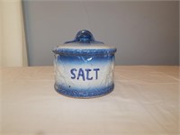 Antique Blue & White Pottery Salt Box Birds