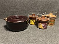 Brown pottery soup pot, Cheese crocks (3)