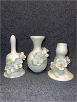 Floral China Bell, Small vase, and Candlestick