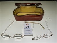 2 Antique Gold Colored Rimmed Eye Glasses & Case