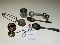 VTG Sterling Spoon, Tea Strainers, Shakers & Cup